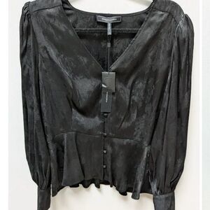 BCBGMAXAZRIA Black Satin V-Neck Button Front Peplum Top